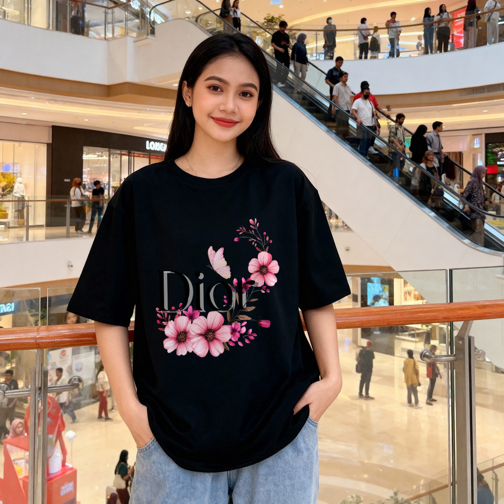 Distro Original 100% Pink Flowers Butterfly Dior Kaos Wanita Oversize Santai Pakaian Atasan Wanita u