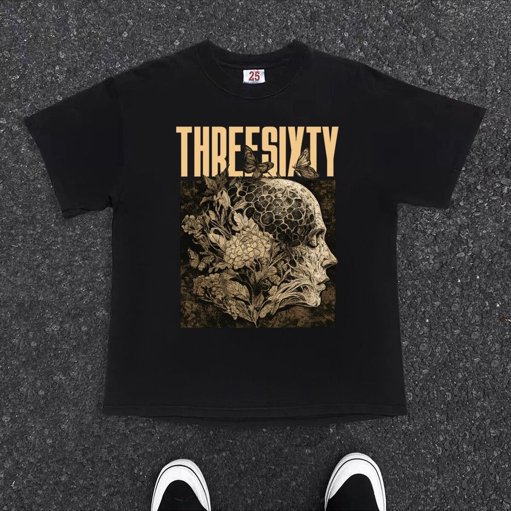 Kaos Hitam THREESIXTY Seni Tengkorak Dengan Motif Bunga Bergaya Gaya Seni Original 100% High Quality