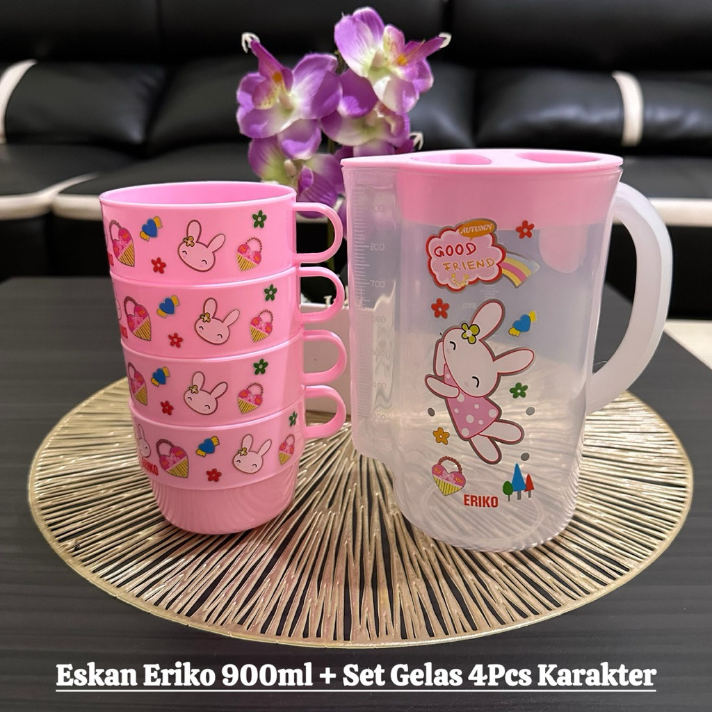 Teko Ceret Eskan Air Minum ERIKO Plastik PP Transparan + Cangkir 4bh  / Eskan Beranak 5in1 / Eskan S