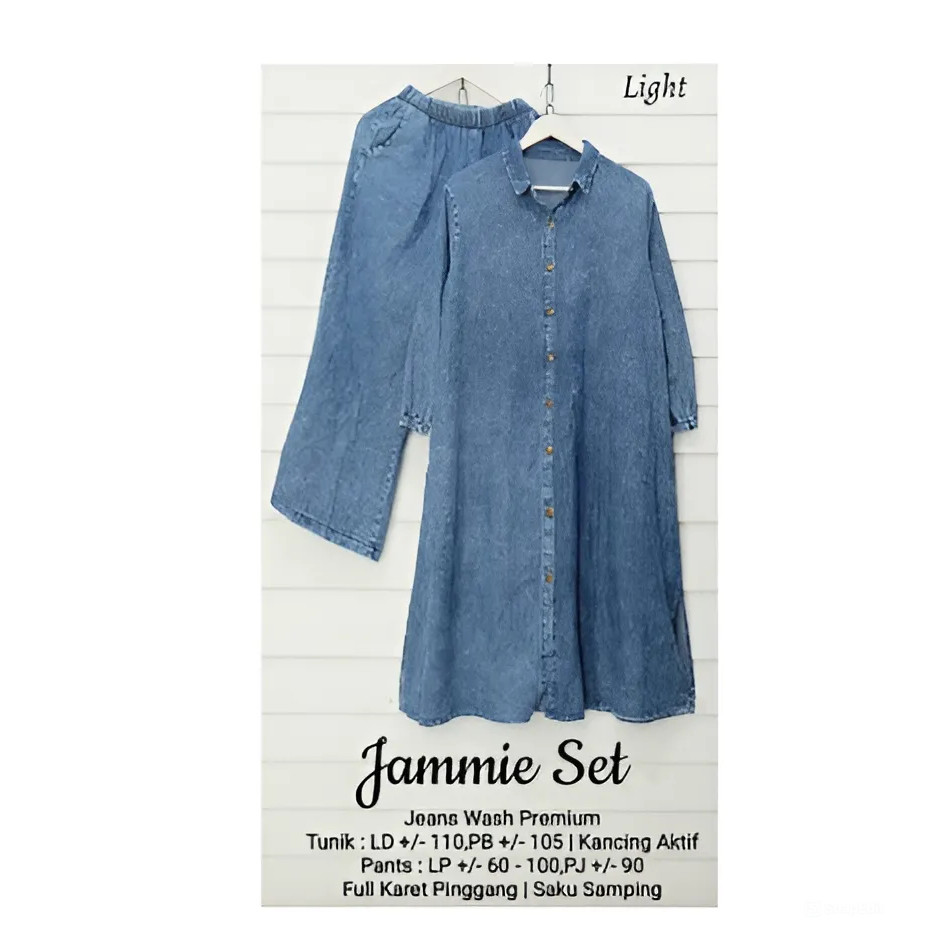 Zahra~Jammie OneSet Long Jeans Setelan Denim Washed Setelan Celana Baju Tunik Wanita Kekinian