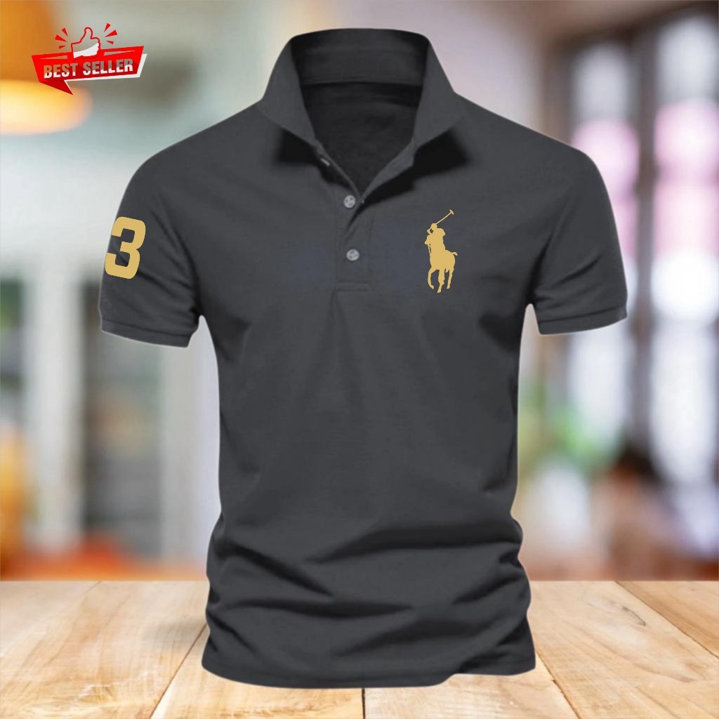 TERBARU  Kaos Polo Kerah KUDA 3 Text GOLD Baju Polo Motif Giordano 8 Quality Premium Bahan Pique, Bi