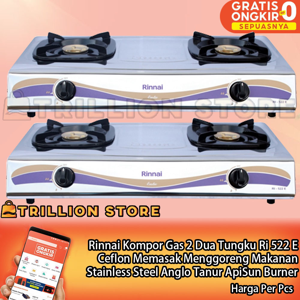 Rinnai Kompor Gas Rinai 522e 2 Dua Tungku Ri 522 E Ceflon Memasak Menggoreng Makanan Stainless Steel