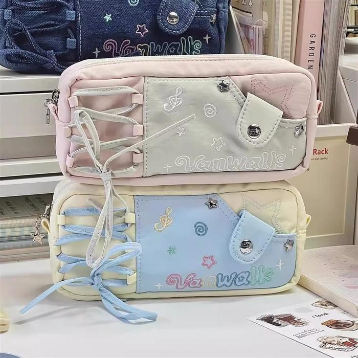 Kotak Pensil Bintang Lucu / Tepak Pensil Aesthetic Korea Cewek / Kotak Pensil Unik Merah - Kuning