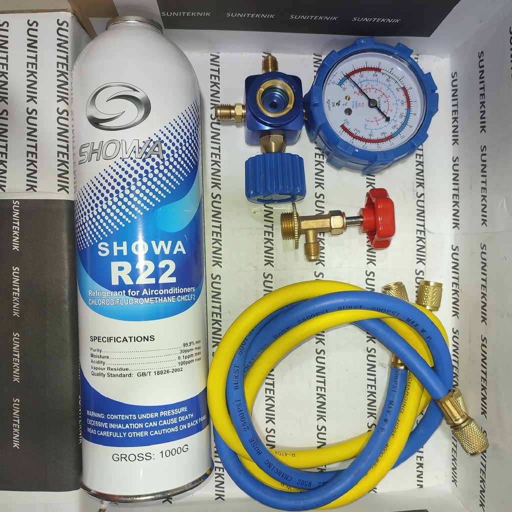 PAKET ISI FREON AC R22 - FREON R 22 1KG + MANIFOLD SINGLE + 2 SELANG + KRAN PEMBUKA CT339