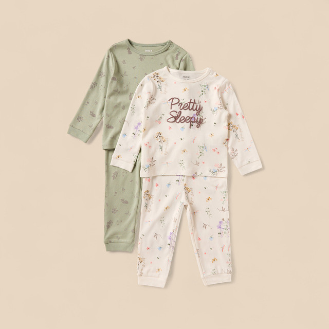 Max Fashions Baju Anak Perempuan Pack of 2 - Botanical Print T-shirts and Pyjamas Cream