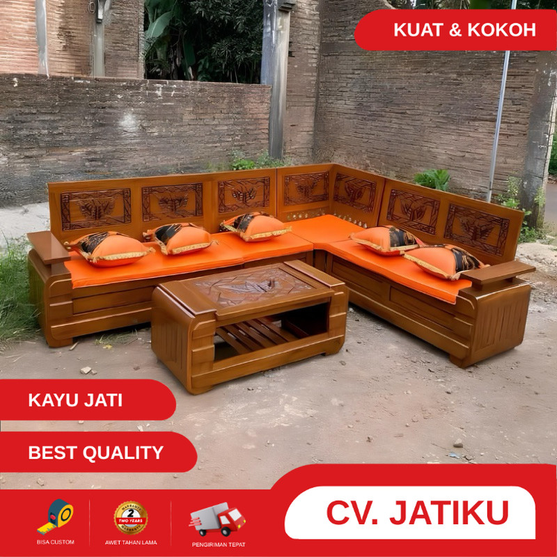 kursi sudut tamu kayu jati, kursi domini motif daun, kursi tamu sudut kayu jati terlaris