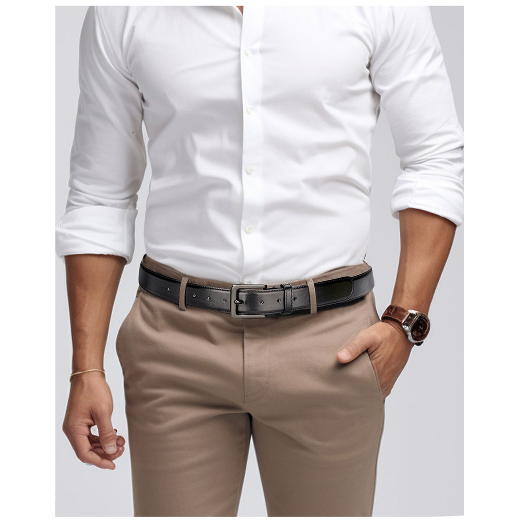 Maikun Men's Black Leather Belt Black For Trousers Classic Black Alloy Pin Buckle Business Second La