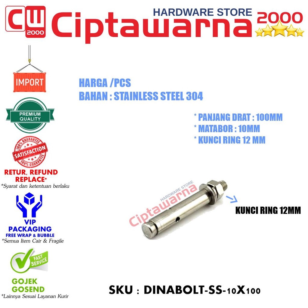 Baut Beton Tanam Bangunan Dinabolt Dinabol Dynabolt Stainless 304 M10 x 100 - CWTT