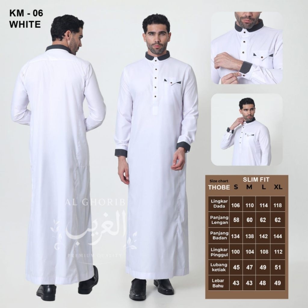 Alghorib KM 06 White Thobe Gamis pria Premiun elegant Slim fit