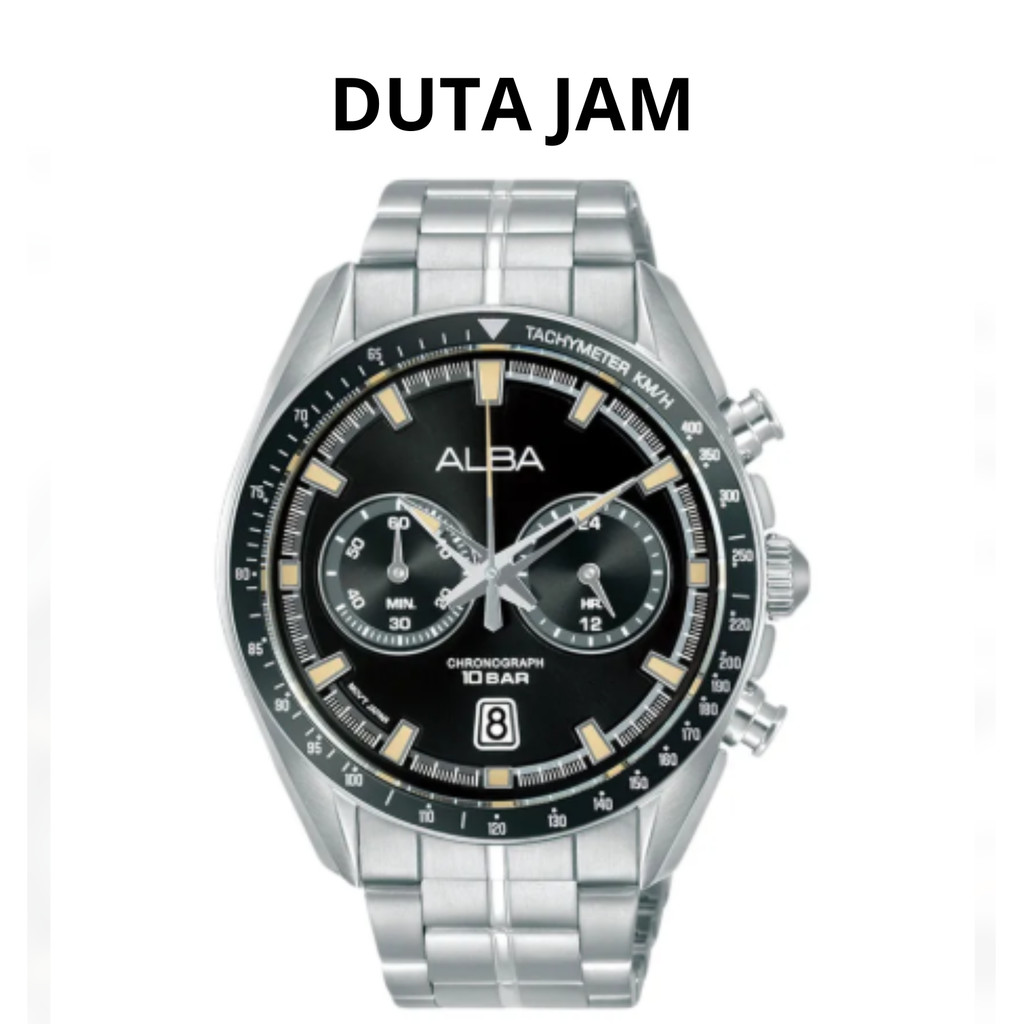 JAM TANGAN PRIA ALBA SIGNA A4B015 A4B 015 A4B015X1 A4B 015X1 A4B015 X1 CHRONOGRAPH BLACK DIAL SILVER
