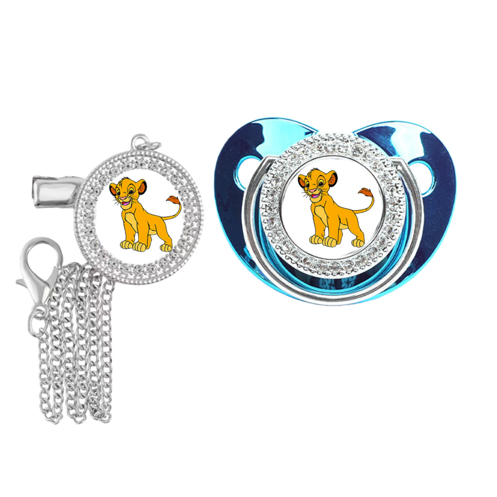 Pacifier holder  shiny and bright blue and silver frame pacifier cartoonish and glittering baby paci
