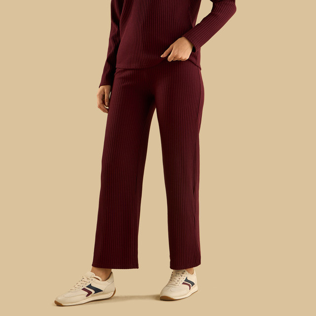 Max Fashions Celana Wanita Ribbed Wide Leg Pants Red