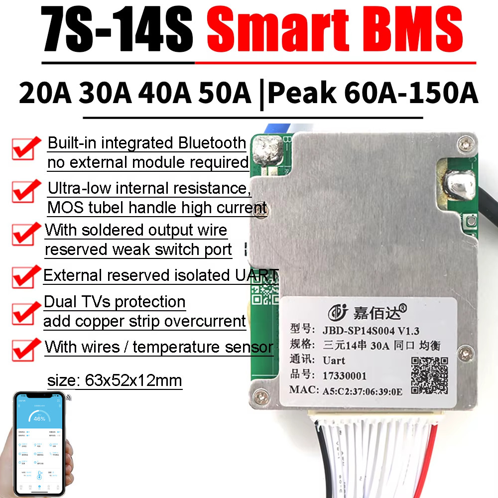 Built-in BT 7S to 14S JBD Smart BMS 13S 48V Lithium Battery Balance Protection Board 8S 24V 10S 36V 