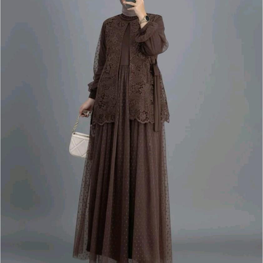 Kf Gamis arabian inner outer sakura bahan velvet mix brokat dan tile dot mewah gaun lebaran best sel