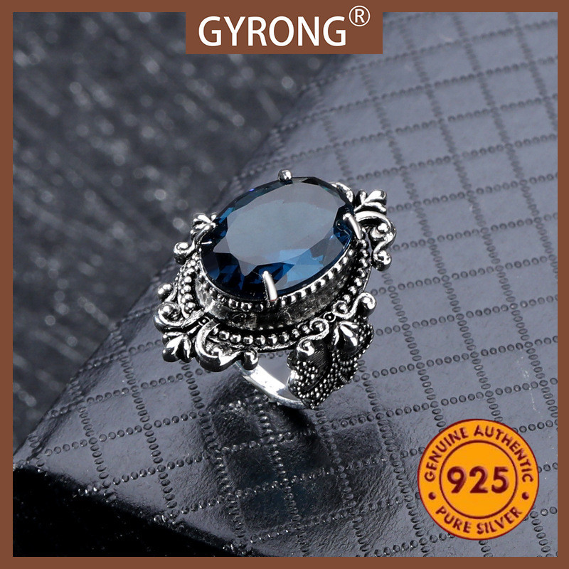 GYRONG Cincin Topaz Biru Laut Vintage yang Indah dan Berlapis