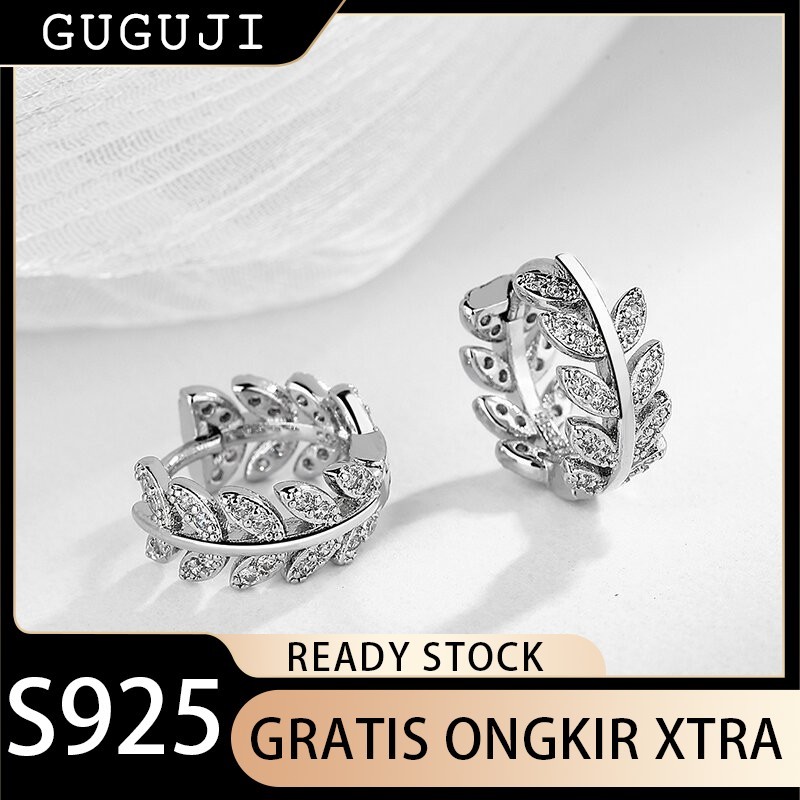 GUGUJI Anting dengan Berlian Anting Emas Putih Anting Daun Elegan Klip Telinga Daun Wanita Anting Se