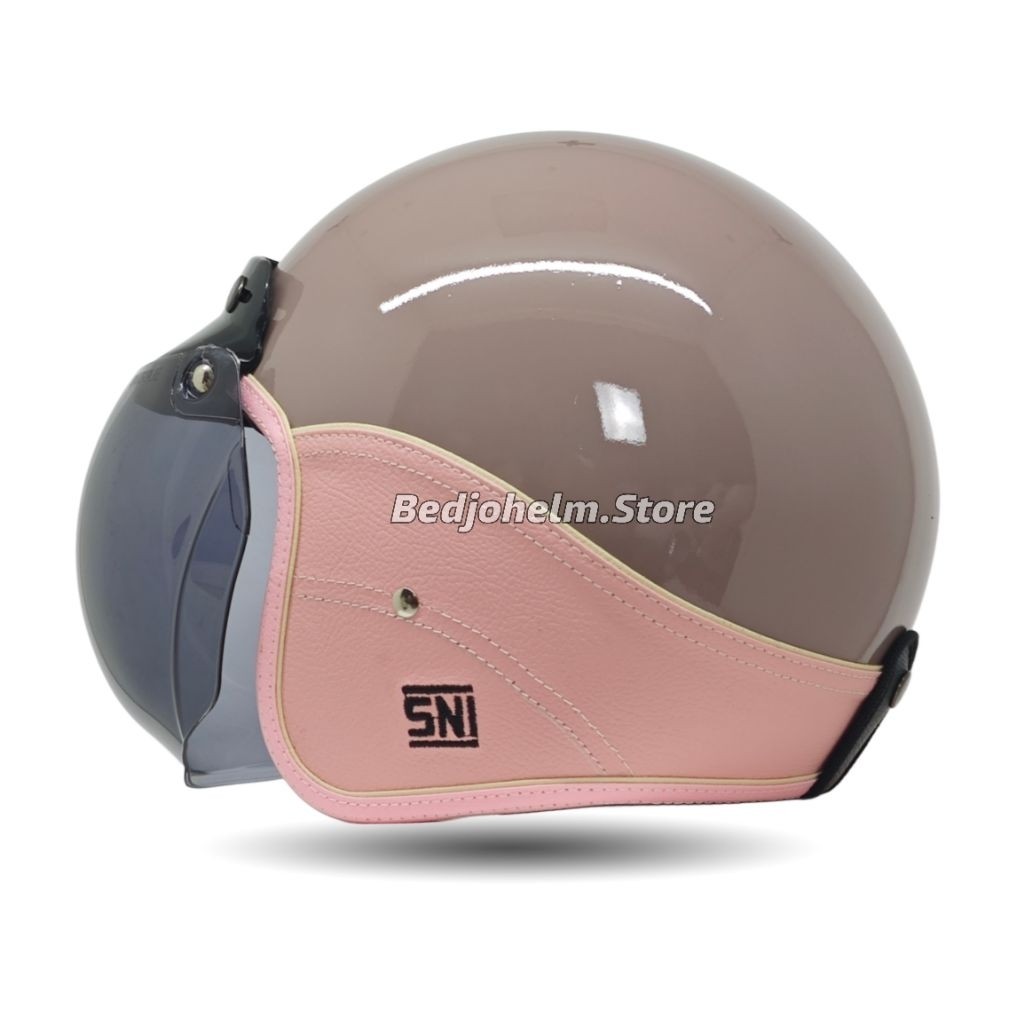 Helm Bogo Semi Kulit Pink Retro Full Leher SNI Busa Coklat
