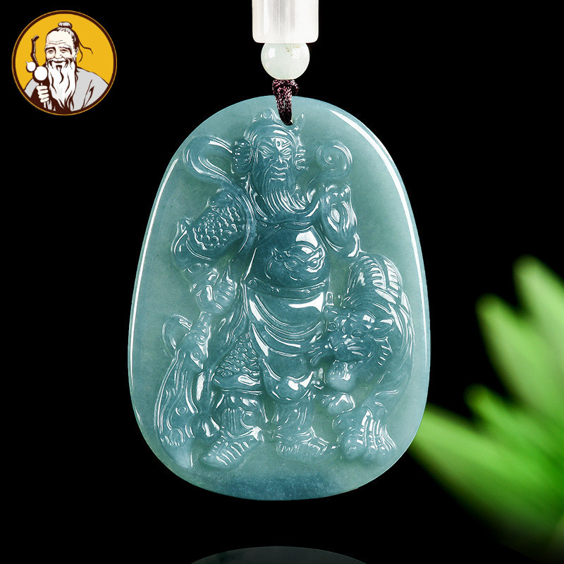 Dengan Sertifikat：Air biru giok alami Guan Gong Wu Cai Shen liontin giok biji ketan