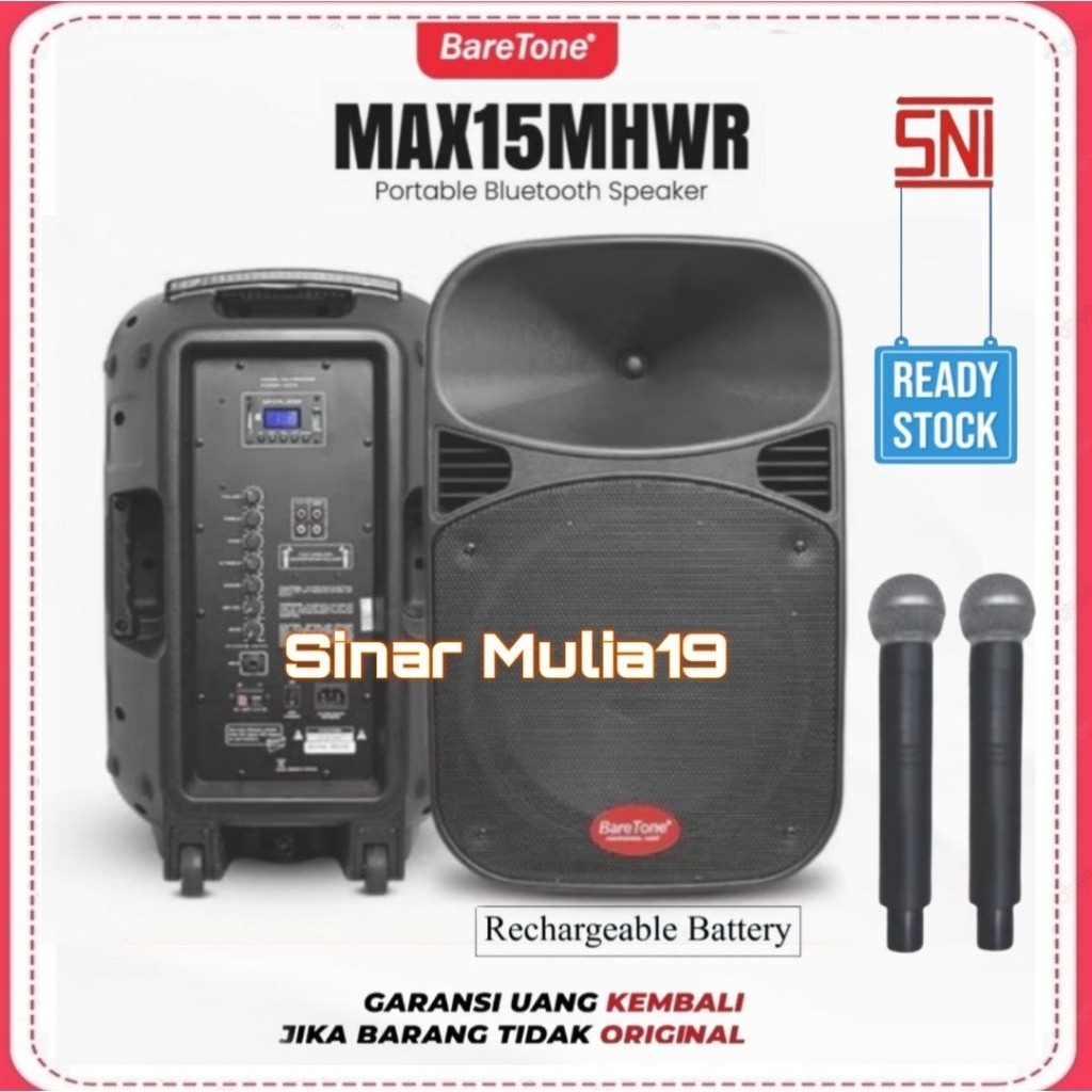 Speaker 15 Inch Portable Aktif Karaoke BareTone Max15mhwr Bluetooth Original [ Included 2 Unit Mic W