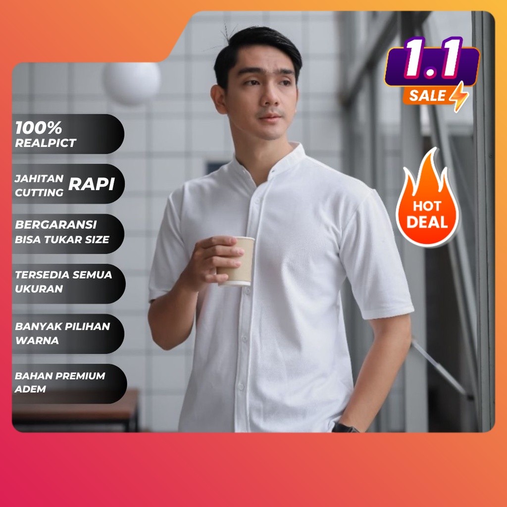 Kemeja Pendek Casual Polos Pria Cowo Laki Laki Slimfit Baju koko Muslim Basic Lengan pendek Berkerah