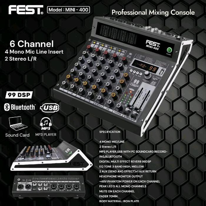Mixer Audio MINI400 Fest Original 6Channel Bluetooth Usb Reverb 99Dsp Mini 400