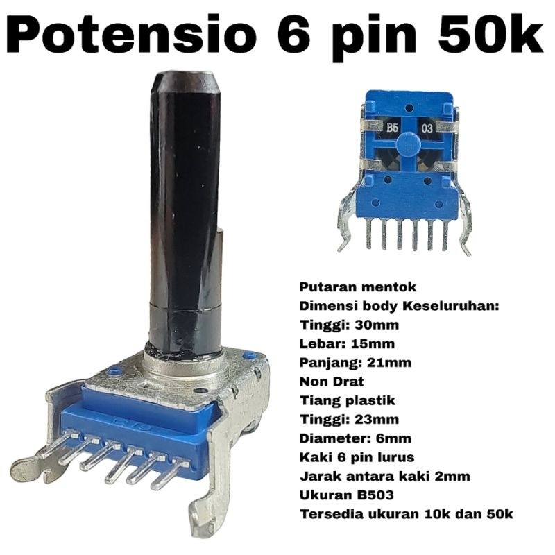 Potensio 6 pin 50k Stereo Kaki 6 Lurus Volume Mixer 503