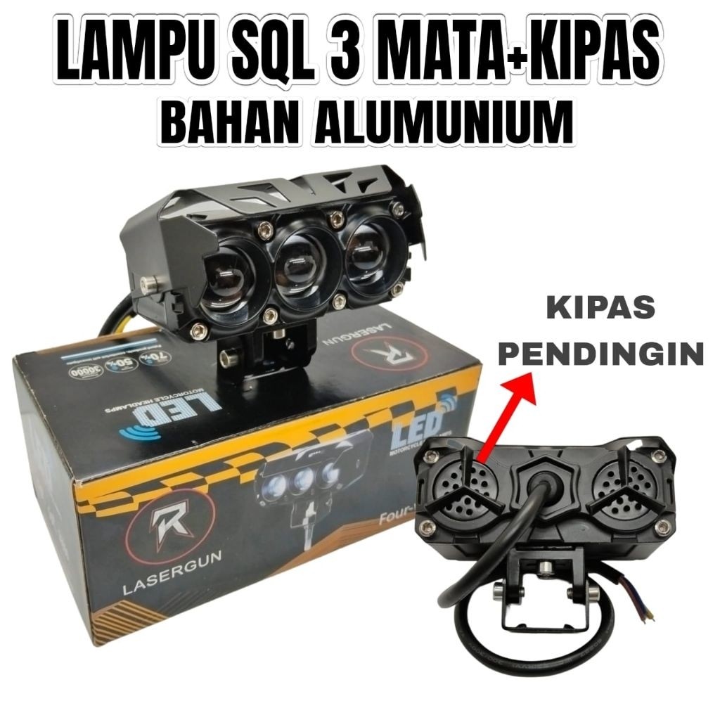 LAMPU TEMBAK PLUS KIPAS LAMPU TEMBAK SQL 3 MATA PUTIH - KUNING 12 VOLT - 24 VOLT MOBIL DAN MOTOR UNI