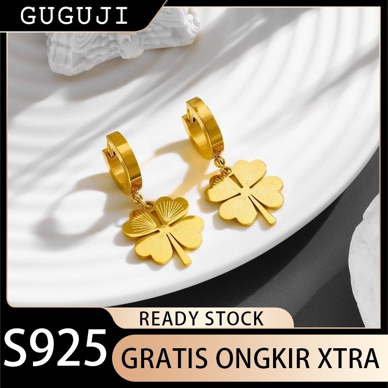 GUGUJI Anting-anting Emas 18k Kelopak Hati Baru Klip Telinga Anting-anting Boutique Gaya Korea Kepri