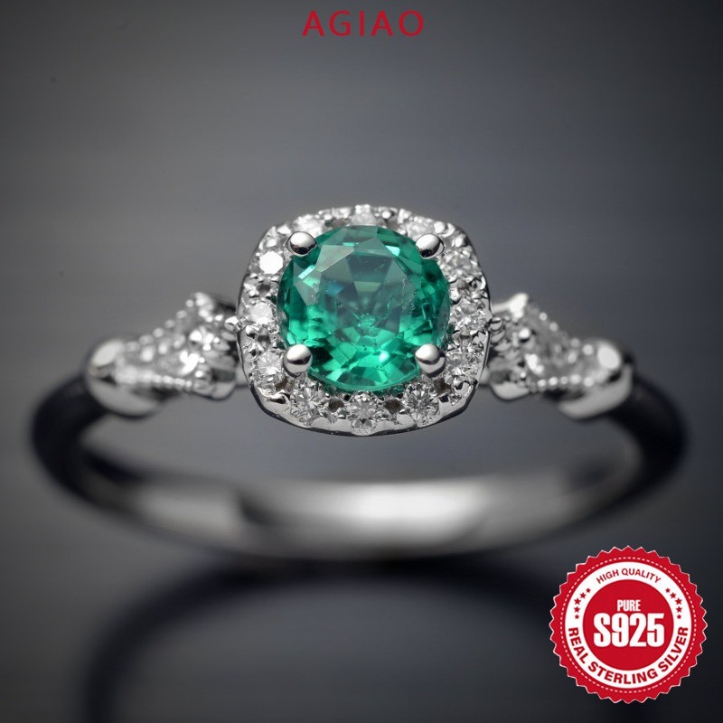 AGIAO Cincin Perak Zircon AAAAA Bersinar Batu Permata Hijau Wanita Yang Indah