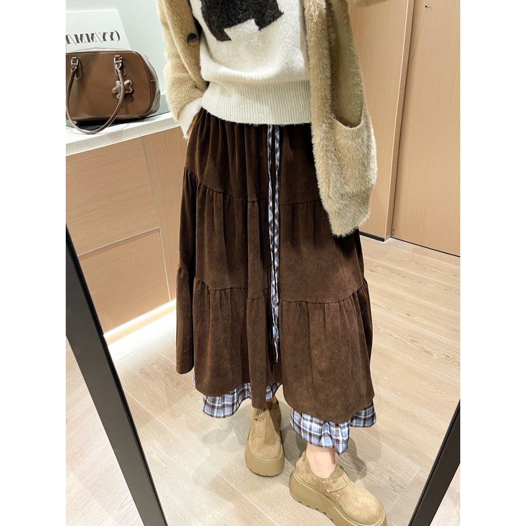 [Saror]Rok Kotak-kotak Retro Artistik Coklat dari Kain Corduroy untuk Wanita