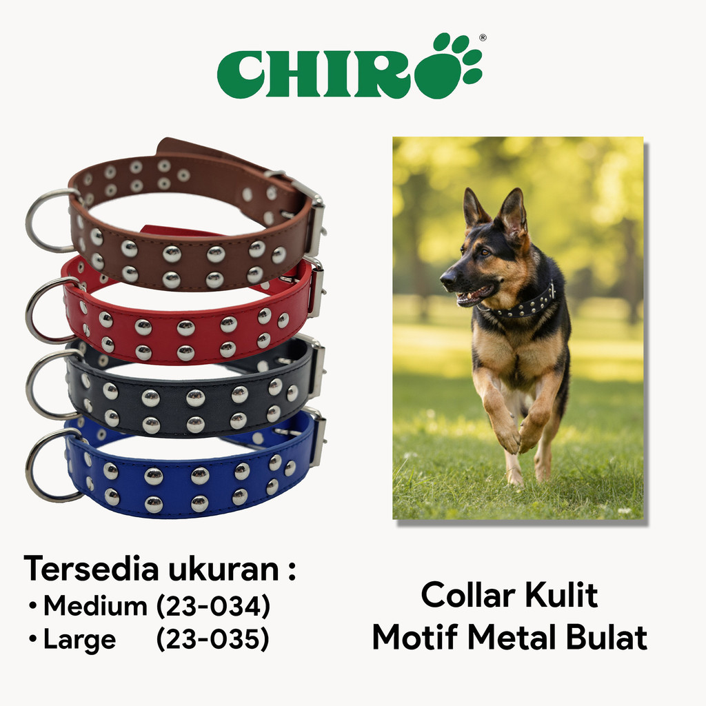 Kalung Kulit untuk Anjing Besar dengan Motif Bulat Metal