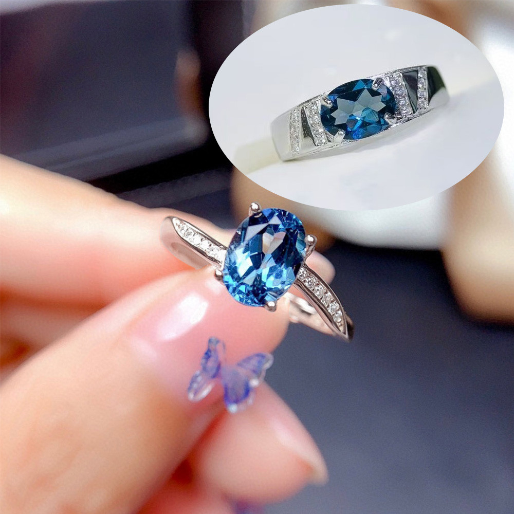 CUCI GUDANG Cincin Pasangan Perhiasan Perak Batu Safir Biru Oval Zircon Kristal Elegan Fashion