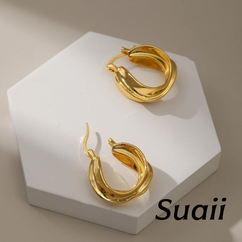 [Suaii] Anting - anting Hiasan Logam dengan Elemen Geometri dan Lipatan Berwarna emas A386