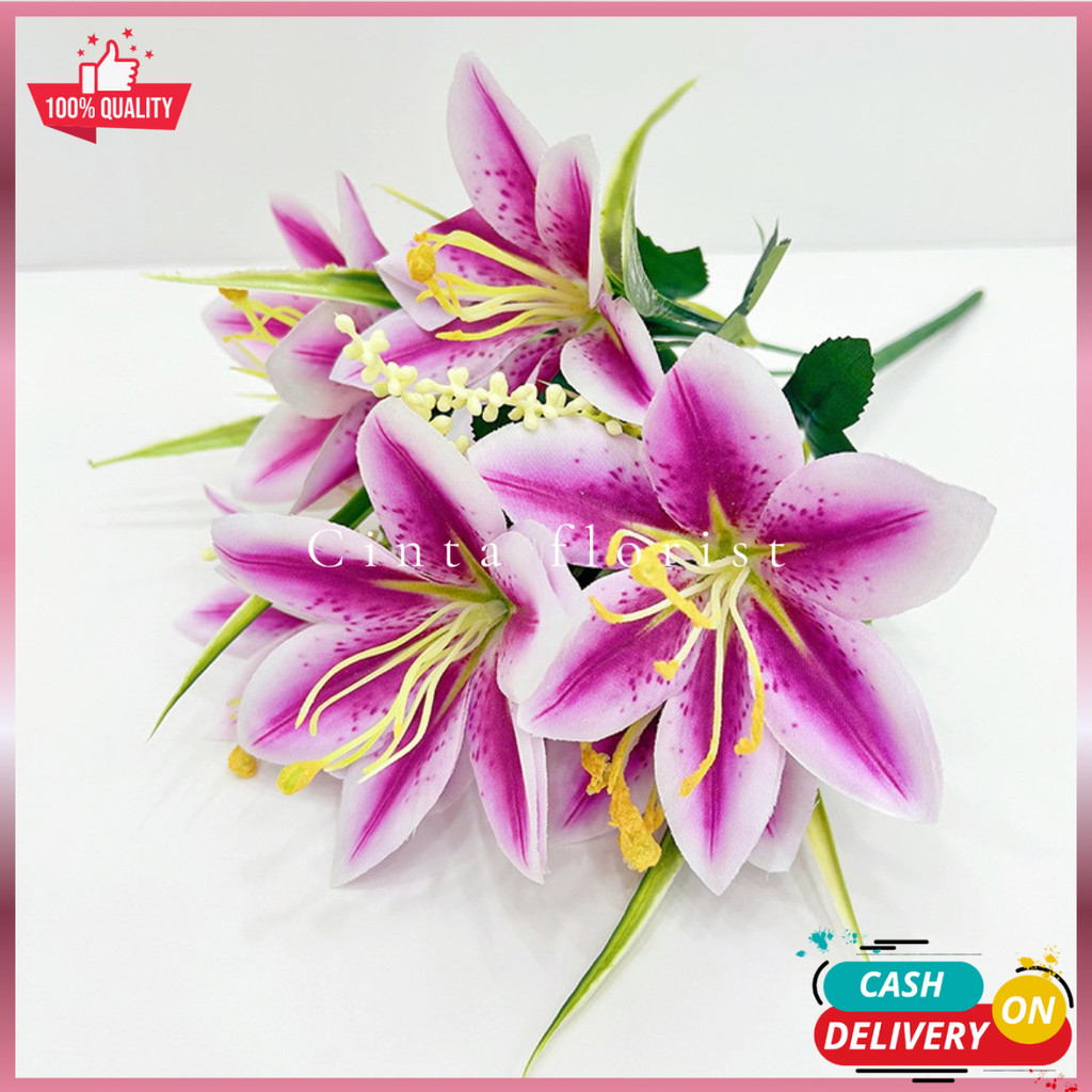 Bunga Lily Cabang 5-Dekorasi/Lily Tiger Casablanca plastik lili Hiasan/Bunga Artificial Murah Import
