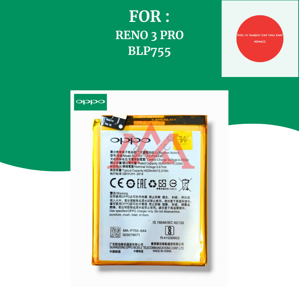BATTERY RENO 3 PRO / BATRE HP OPPO ORIGINAL BLP755