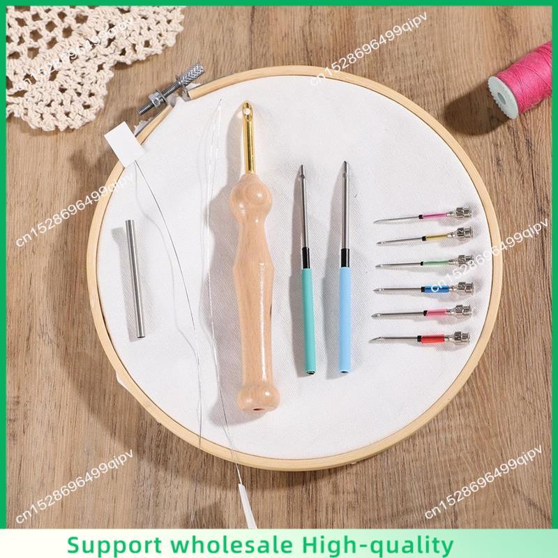 ABSF 12Pcs Punch Needle Kit, Needles Punch Adjustable Punch Needle Tool Wooden Handle Embroidery Too