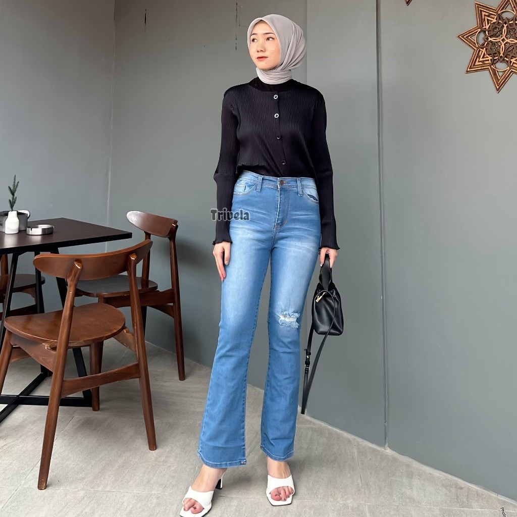 SC Celana Jeans Cutbray Loose Wanita Sobek Lapis Hijab Friendly Carla