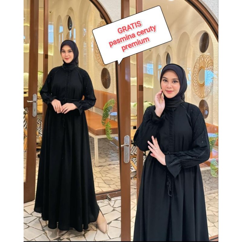 Abaya premium set kerudung pasmina resleting full bisa jadi outer jetblack wolpich dubai terbaru