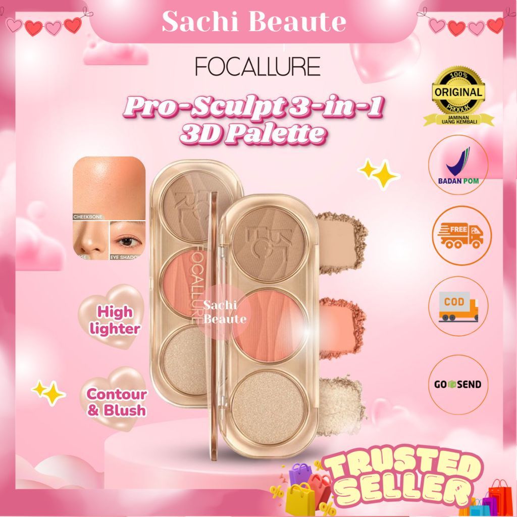 FOCALLURE Pro-Sculpt 3-in-1 3D Palette Highlighter & Contour & Blush Multi-Use Mudah digunakan