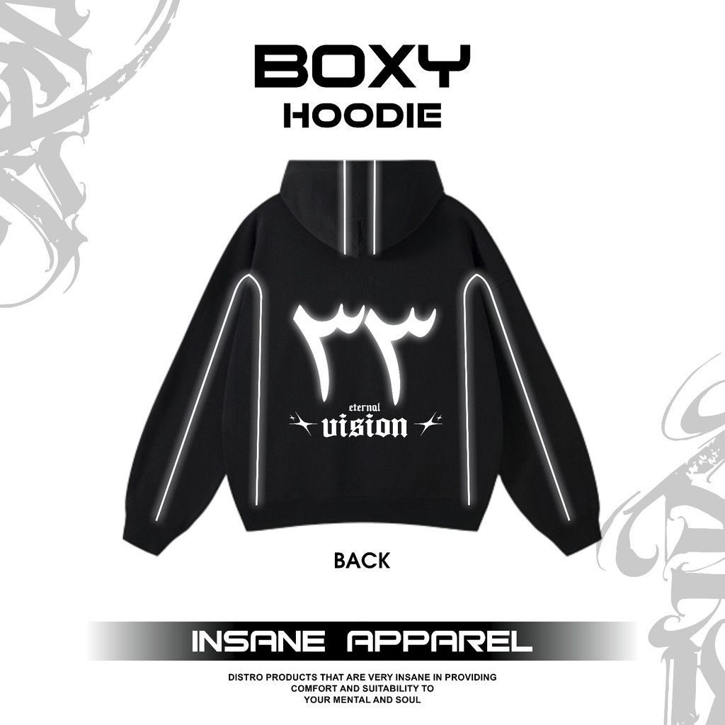 Hoodie Jaket Garis Model Boxy Reguler Desain Terbaru Eternal Vision Memantulkan Cahaya Reflektif Fle