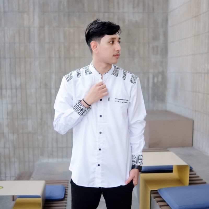 Baju Koko Pria Lengan Panjang Warna Putih Baju Koko El Rumi Terbaru Koko Kombinasi Batik Terlaris