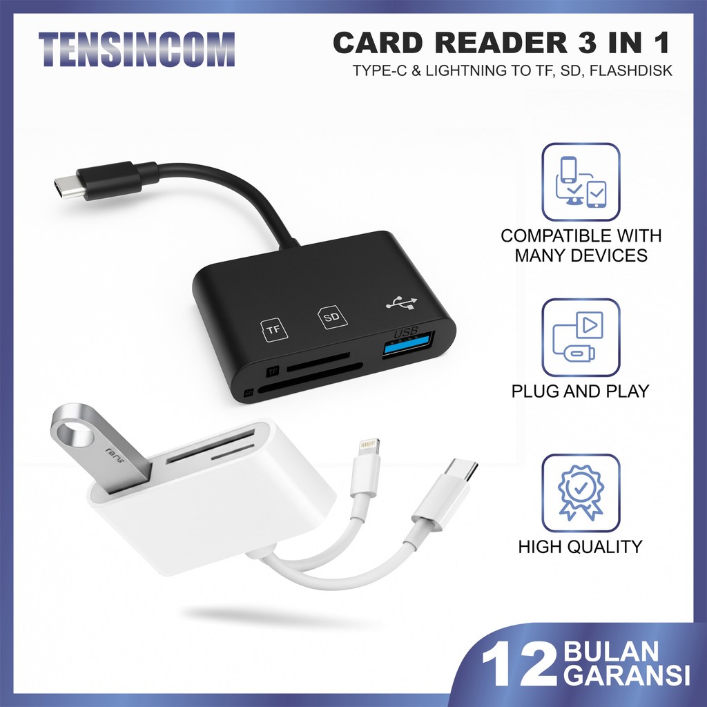 Tensincom Card Reader 3in1 OTG HUB Micro USB dan Type C - Lightning - USB Flashdisk - SD Card - Micr