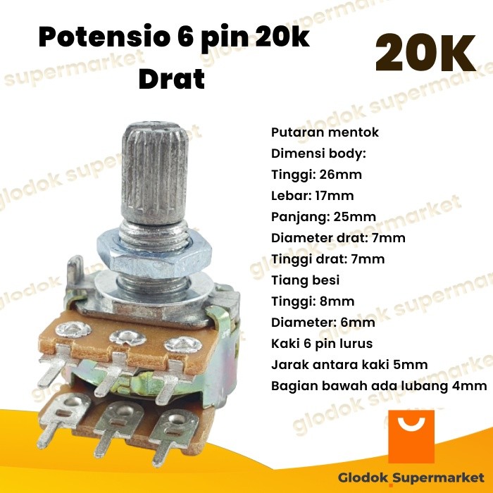 Potensio 6 pin 20k Drat Stereo Kaki 3-3 Lurus Volume Mixer 203