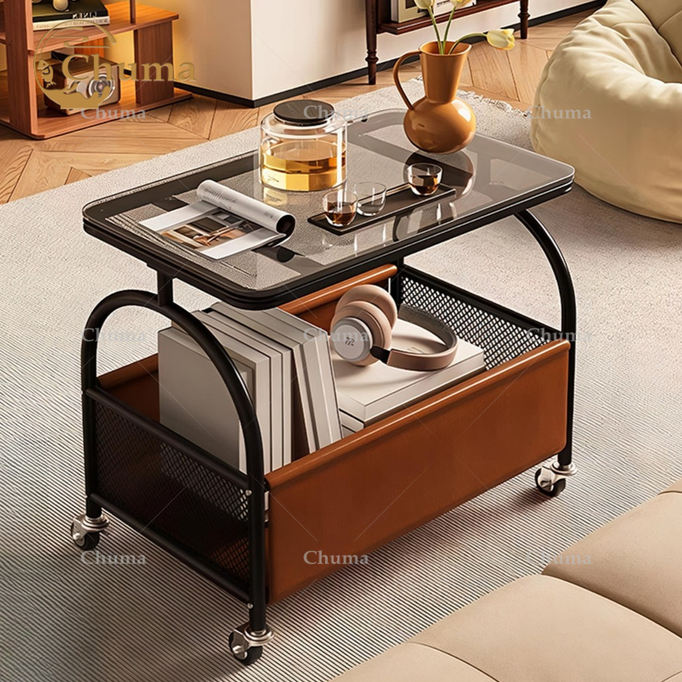 Besi+Kaca|| Meja Kopi Seluler Aesthetic Meja Tamu Rak Penyimpanan 2-Lapis Santai Meja Kopi Meja Meja