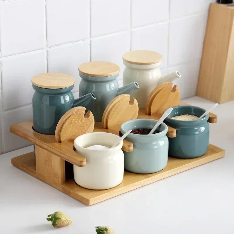 Creative Ceramic Seasoning Pot Set Kitchen Household Salt Shaker Seasoning Bottle Seasoning Box Suga