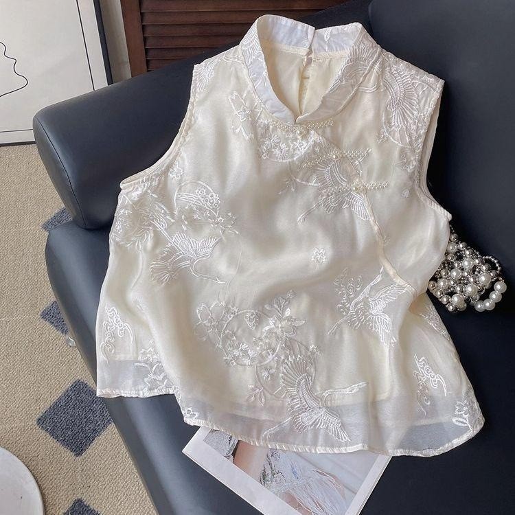 Atasan Putih Wanita Gaya Cina Bordir Burung Kereta Kerah Berdiri Musim Panas Hanfu Ditingkatkan Kanc