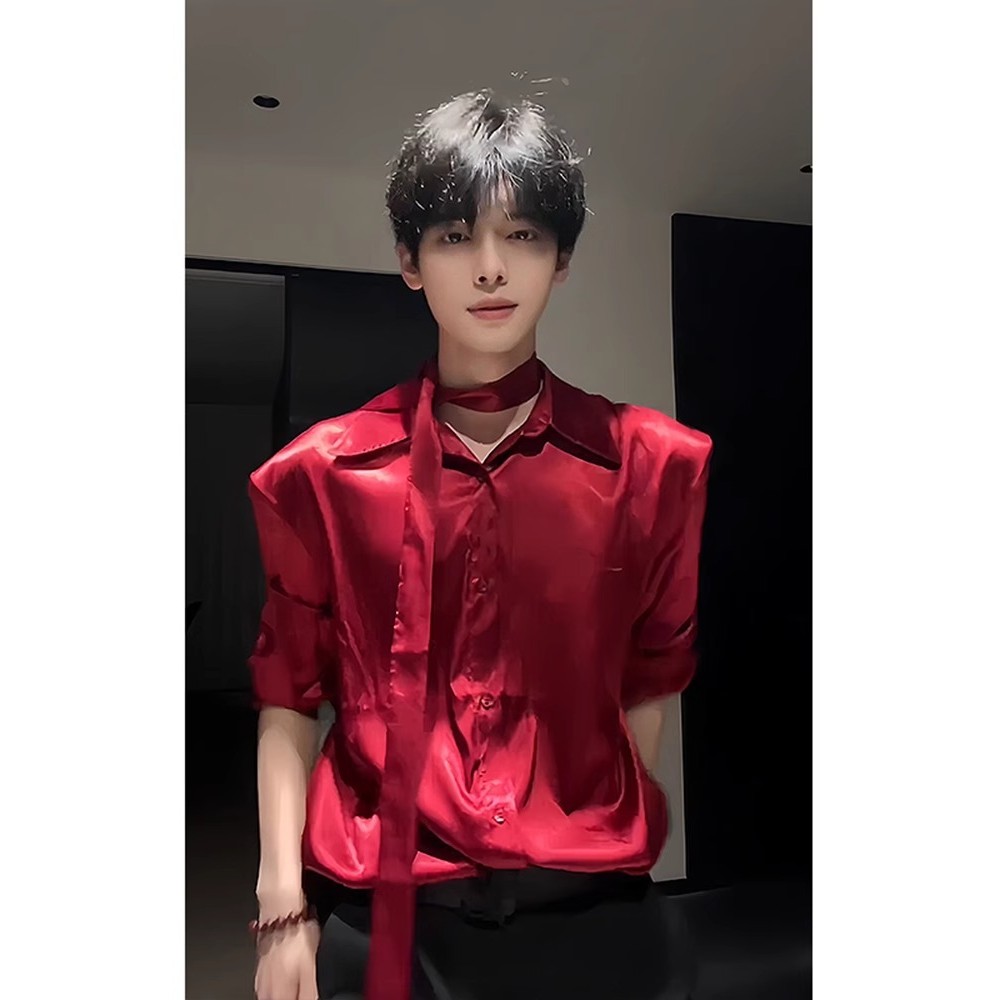 Satin Ribbon Shoulder Pad Long Sleeve Shirt for Men