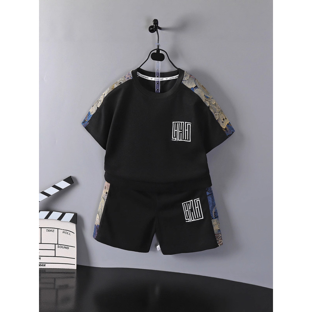 Setelan lengan pendek dan celana pendek bordir gaya Cina untuk anak-anak