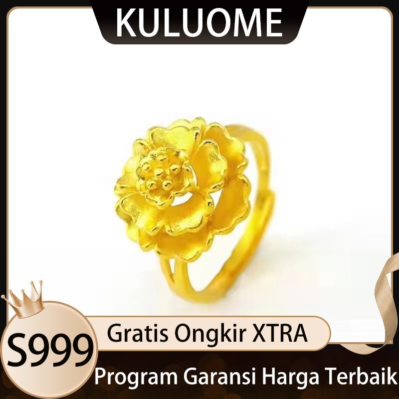 KULUOME Cincin Emas Vietnam Pasir Emas Cincin Bunga Peony Emas Mekar Cincin Wanita Mewah Hadiah Paca