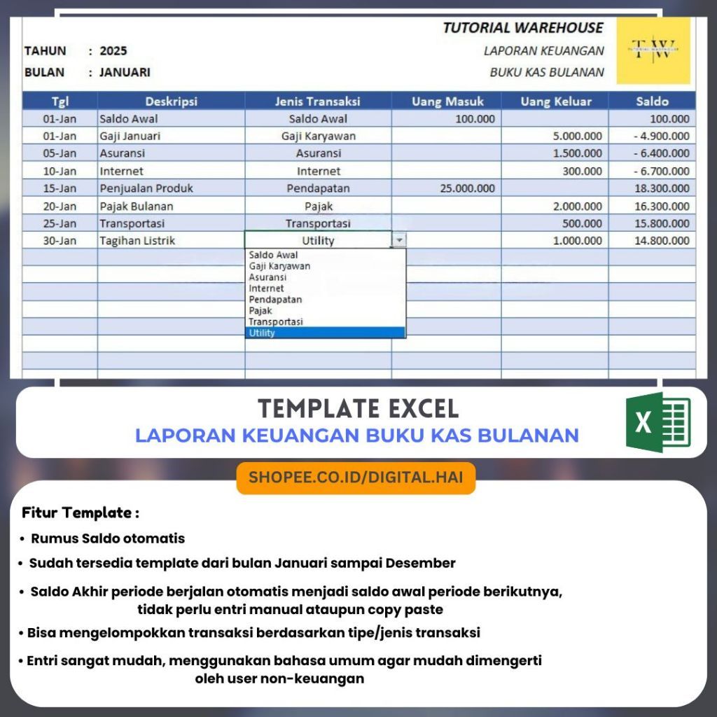 Template Excel Laporan Keuangan Buku Kas Bulanan